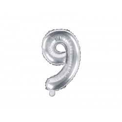 Balon foliowy cyfra 9, srebrny, 40cm