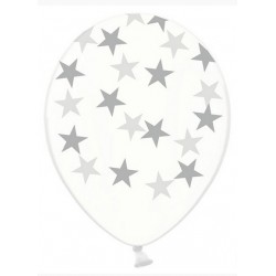 Balony 30cm, Srebrne Gwiazdki, przeźroczyste