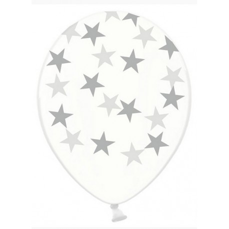 Balony 30cm, Srebrne Gwiazdki, przeźroczyste