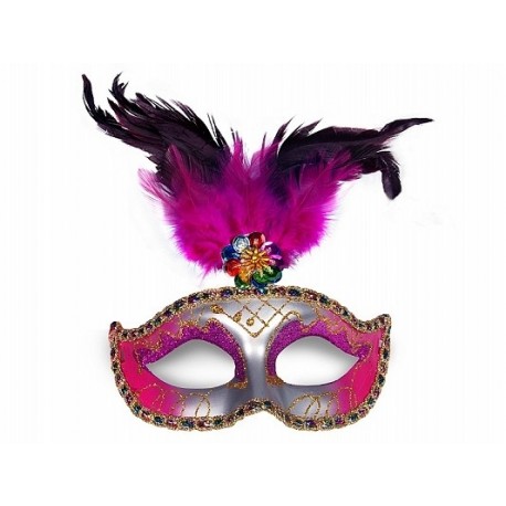 Maska Party z piórami, srebrna, różowa