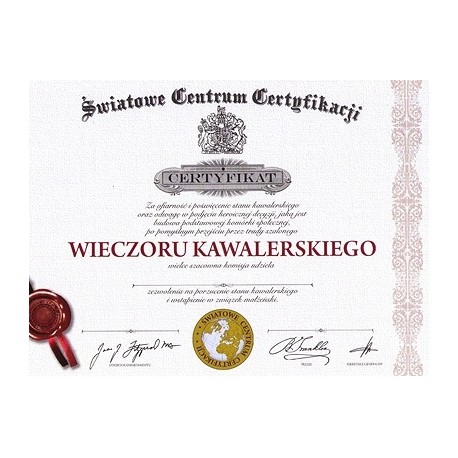 Certyfikat dyplom Wieczoru Kawalerskiego