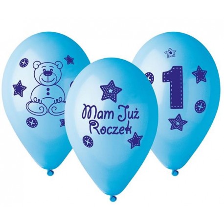 Balony gumowe 12" Mam już roczek, niebieskie 5szt