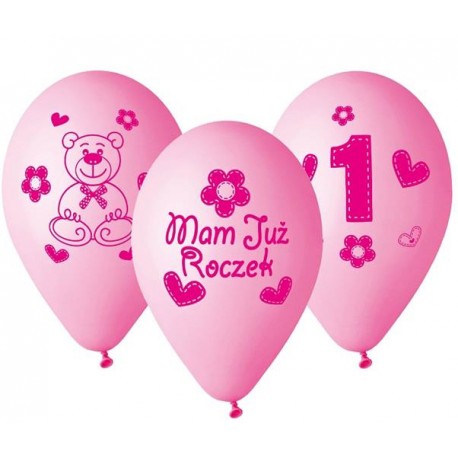 Balony gumowe 12" Mam już roczek, różowe 5szt